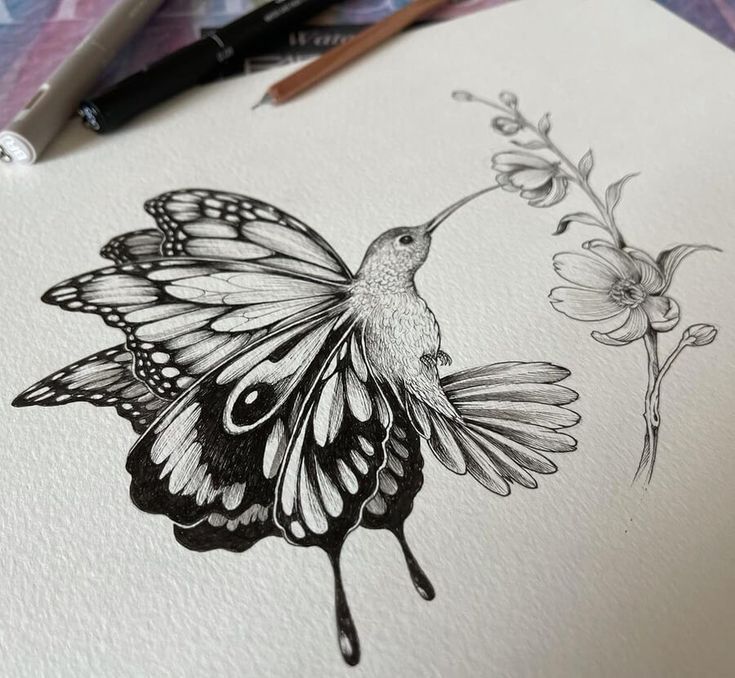 Tattoo of a Hummingbird and a Butterfly